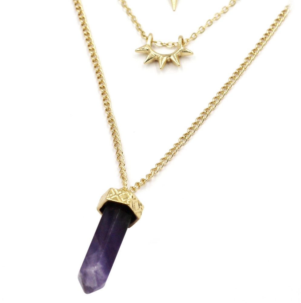 Purple fashion crystal three levels gold necklace